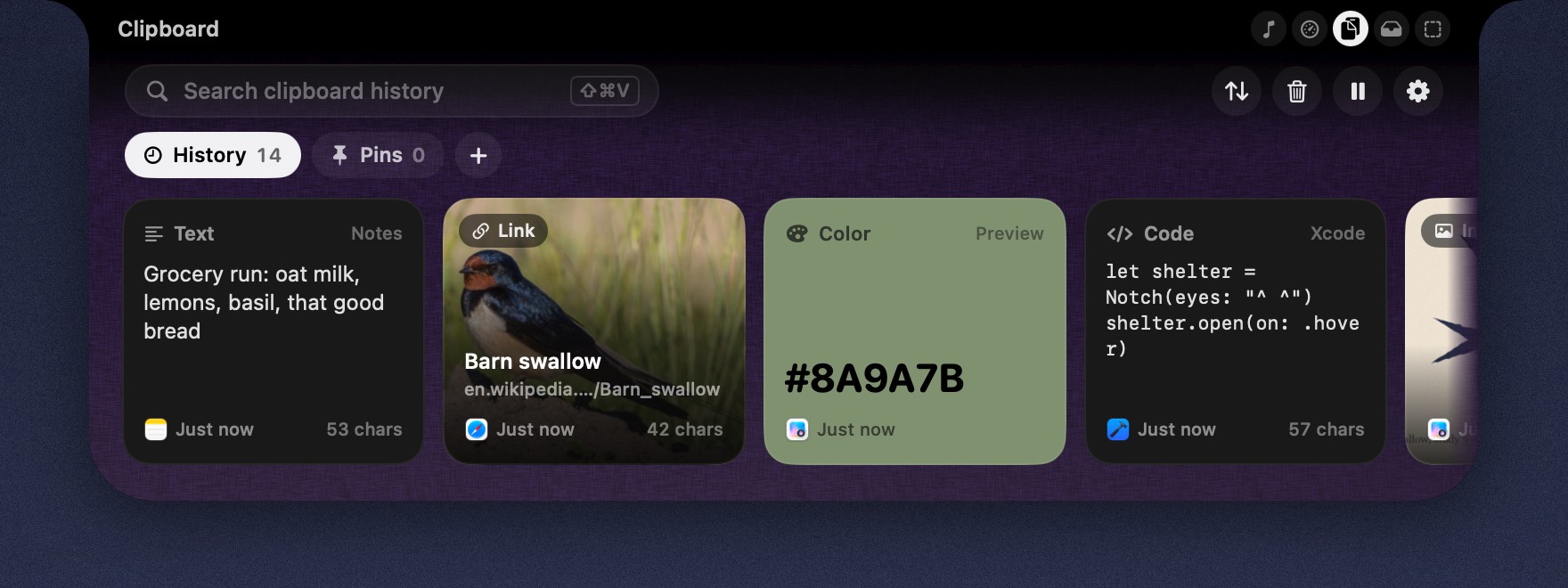 Eave’s clipboard history: a note, a link with its preview, a color and a code snippet